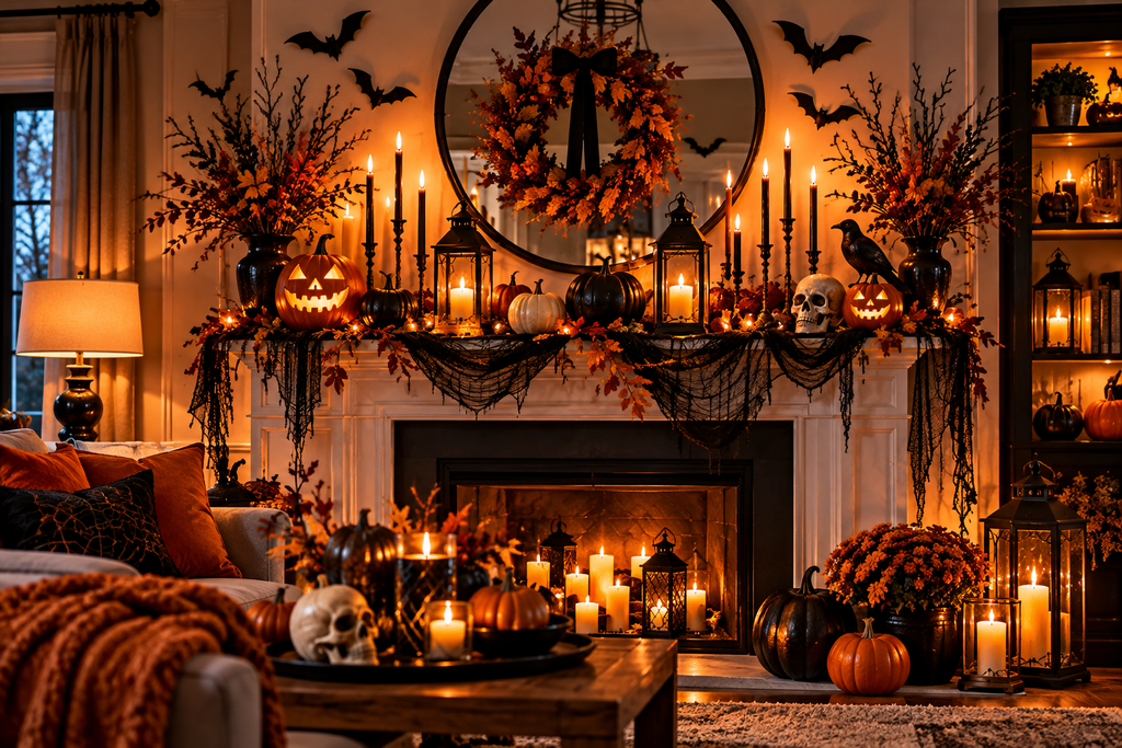 elegant halloween fireplace vignette